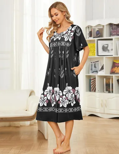 Vista 5 de Bloggerlove Camisón hawaiano para mujer, vestido de casa hawaiano Muumuu con estampado de tumbona, vestido de patio con bolsillos Moomoo