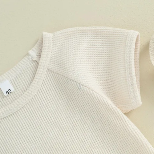 Vista 4 de Omkzanbi Conjunto de ropa de verano para bebé niño, camiseta de manga corta, pantalones cortos de punto gofre, 2 piezas, pantalones cortos