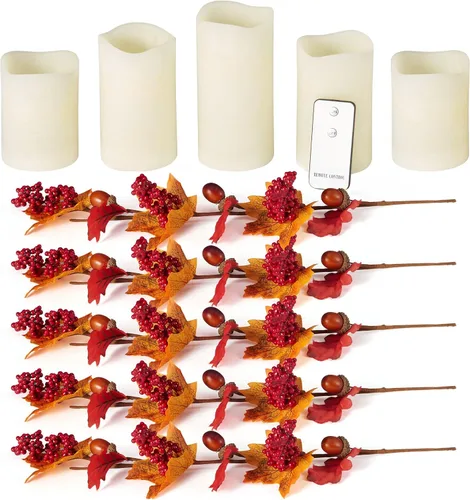 Vista 4 de Elements Juego de 5 velas LED de color marfil con guirnalda de vegetación artificial de cosecha
