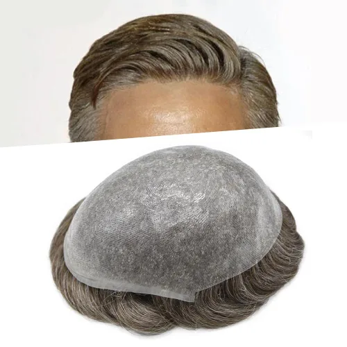 Vista 22 de Tupé de piel ultra fina para hombres pieza de cabello humano real sistema de reemplazo 0.002 in Mens Toupee Hairpiece para hombres V-Loop 8x10 80%