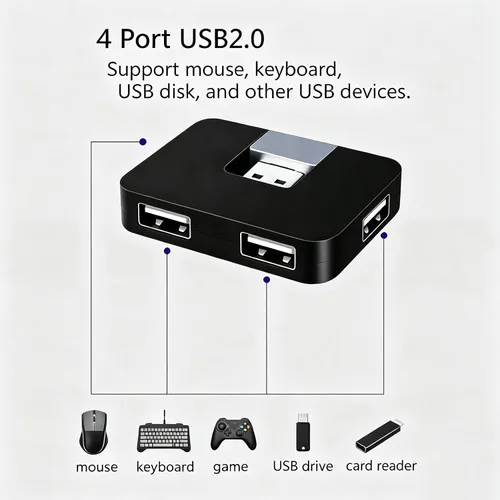 Vista 5 de Concentrador USB 2.0, 4 puertos mini en forma de U de transferencia de datos para PC portátil, de escritorio, Plug and Play, negro