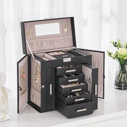 Vista 2 de ANWBROAD Large Jewelry Box Women Jewelery Organizer Box Jewelry Holder Organizer Jewelry Storage Case for All Jewelry with Lock Mirror for Necklaces