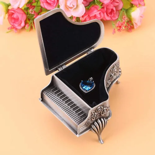 Vista 4 de Joyero de aleación de zinc tallado en forma de piano, con diseño de flor de rosa, organizador de almacenamiento de joyas, organizador