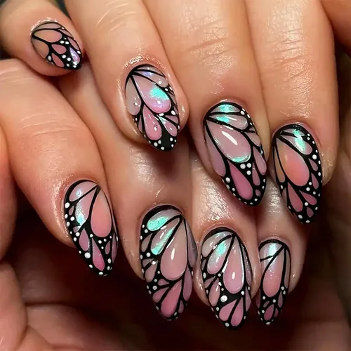 Vista 35 de Uñas postizas de almendra medianas MABKJLF con punta francesa, uñas falsas 3D con diseños de pedrería de flores de fresa, uñas pegajosas brillantes 1
