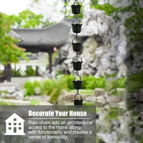 Vista 2 de Rain Chain Black Flower Cups Rain Chain System, 1-4 M Long Rainwater Catcher, Roof Gutters Chain for Yard/Landscape, Rain Chain for Outside