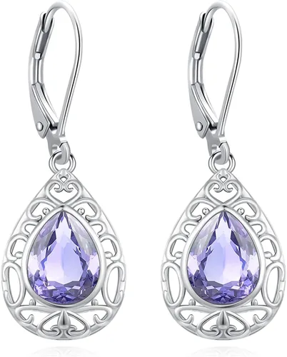 Vista 325 de Aretes colgantes de plata de ley con diseño de árbol de la vida, flor, abeja, animales, gato, colibrí, piedra lunar, turquesa, aretes con cierre