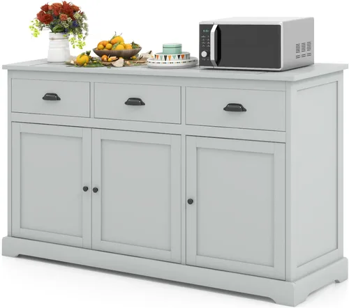 Vista 8 de LOKO Armario de buffet moderno con almacenamiento, armario de almacenamiento de cocina con tres cajones y dos gabinetes, aparador con dispositivo