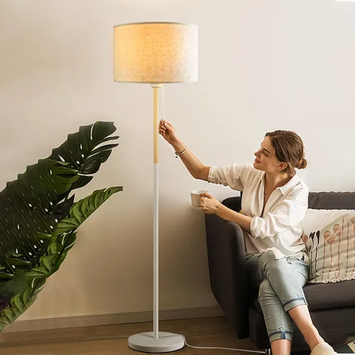 Vista 3 de Lámpara de pie para dormitorio, lámparas de pie de granja para sala de estar, lámpara de poste de mediados de siglo, pantalla de lámpara de lino