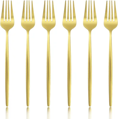 Vista 9 de Juego de 6 tenedores de postre de acero inoxidable de 3 dientes, juego de tenedores para frutas y tartas, 5.31 pulgadas, dorado
