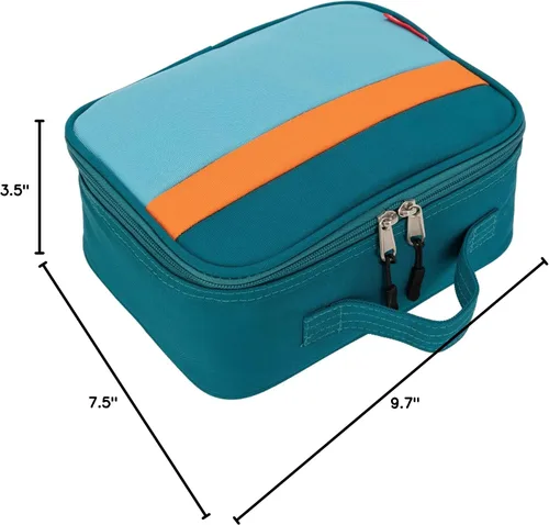 Vista 7 de Lonchera térmica para niños o niñas, color azul y verde Ligero, tamaño estándar: 9.7 x 7.5 x 3.5 pulgadas, poliéster de 900 denier