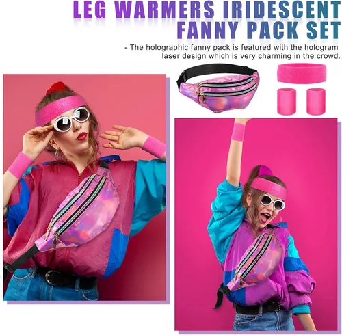 Vista 2 de SATINIOR Juego de calentadores de piernas de neón de los años 80 para mujer, cangurera holográfica, calentadores de piernas de punto, muñequeras