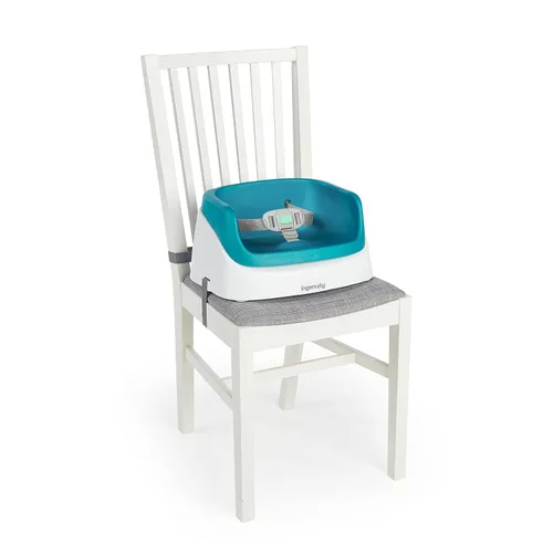Vista 7 de Asiento elevador SmartClean Toddler Booster de Ingenuity para mesa de comedor con correas de arnés de 3 puntos, azul pavo real