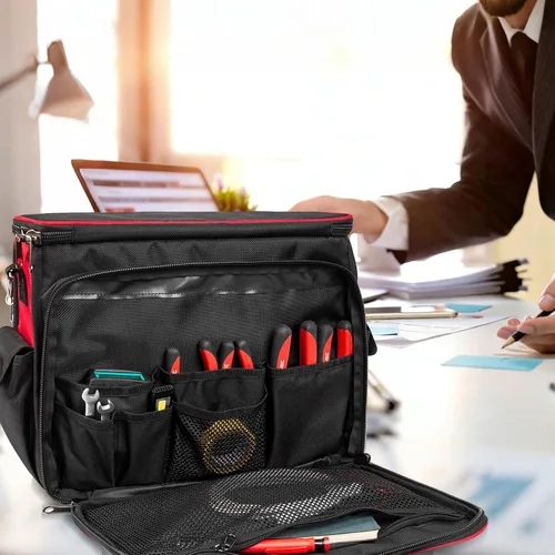 Vista 6 de HAUTMEC HT0408 - Bolsa de herramientas para técnicos de alta resistencia, 42 bolsillos 1680D, con compartimento para portátil, base dura resistente