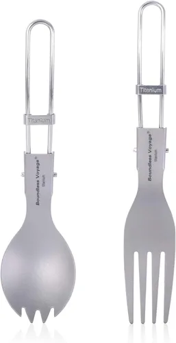 Vista 11 de iBasingo Cuchillo de tenedor de titanio con mango plegable, utensilios de vajilla ultraligeros para camping, picnic al aire libre, senderismo