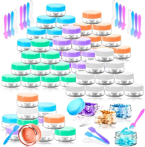Vista 15 de Paquete de 50 de 10 g pequeños contenedores de cosméticos de plástico con tapas, frascos de maquillaje de 10 gramos de color ámbar con espátulas