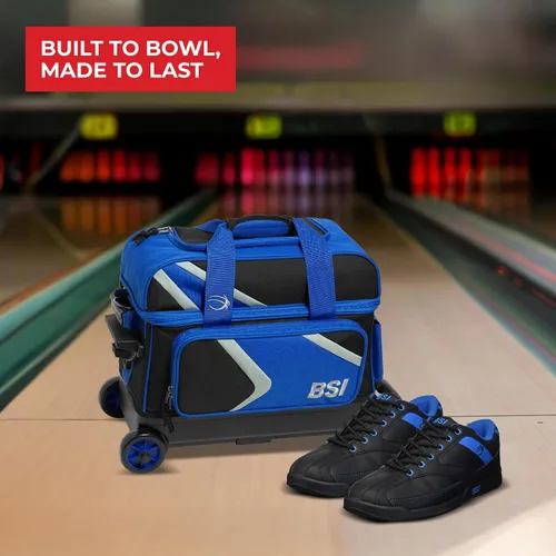 Vista 8 de BSI Dash Roller Bowling Bag with Smooth Rolling Wheels, Padded Ball Compartment, Retractable Locking Handle, & Shoe Pocket Negro/Azul/Gris