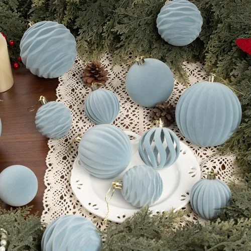 Vista 7 de Adornos de terciopelo de 3.15 pulgadas para árbol de Navidad, juego de 12 Azul empolvado