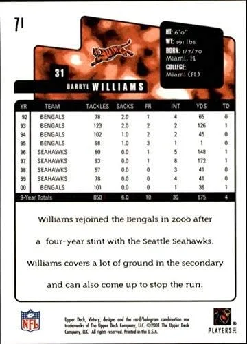 Vista 2 de 2001 Upper Deck Victory #71 Darryl Williams NFL Football Trading Card