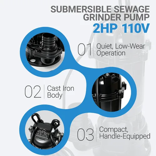 Vista 4 de Bomba sumergible de amoladora de aguas residuales de 2 HP de 110 V, con aspas, bomba de efluente de hierro fundido con interruptor de flotador