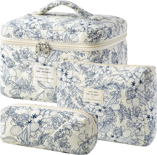 Vista 13 de HBselect Bolsa de Maquillaje Acolchada, 3 Piezas de Gran Bolsa de Maquillaje de Viaje de Algodón, Linda Bolsa de Maquillaje Floral Coquette, Bolsa