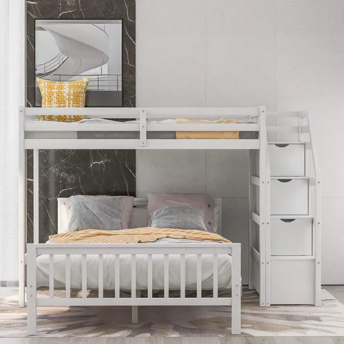 Vista 3 de Merax Litera de madera maciza de tamaño individual sobre matrimonial con 3 almacenamiento, cama alta de madera y marco de cama de plataforma, se