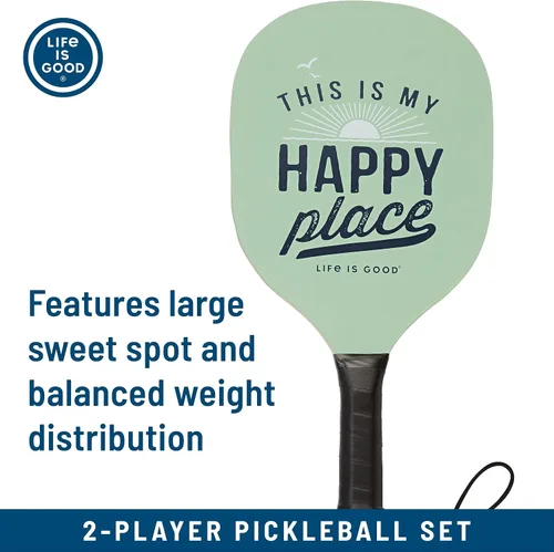 Vista 5 de Life is Good Juego de iniciación de pickleball - Incluye 2 paletas de pickleball de madera, 2 bolas de pickleball de tamaño reglamentario y bolsa