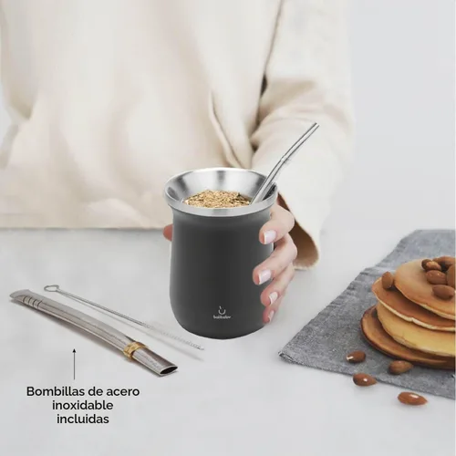 Vista 2 de BALIBETOV - Juego de yerba mate de 8.7 onzas líquidas, taza mate, 2 bombillas y cepillo de limpieza, aislado al vacío, sin BPA, fácil de limpiar