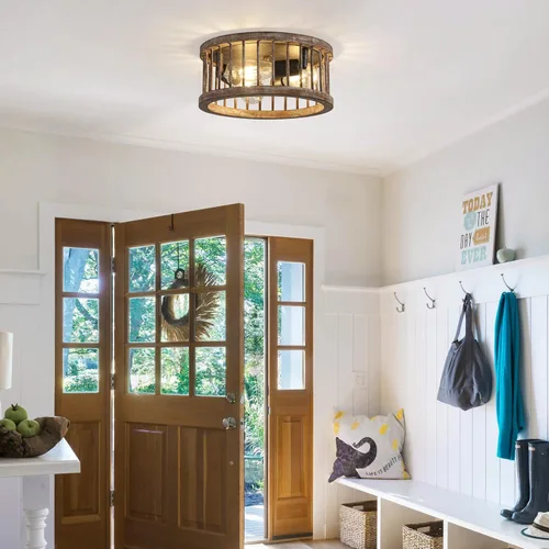Vista 4 de Lámpara de techo de montaje empotrado estilo granja, 3 luces de metal y madera de 12.6 pulgadas, lámpara de techo para cocina, pasillo, comedor