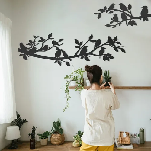 Vista 3 de VeyFolzin.st 3 piezas de colibrí en la rama de árbol decoración de pared de metal, pájaros en la rama, gran cartel negro para colgar en la pared