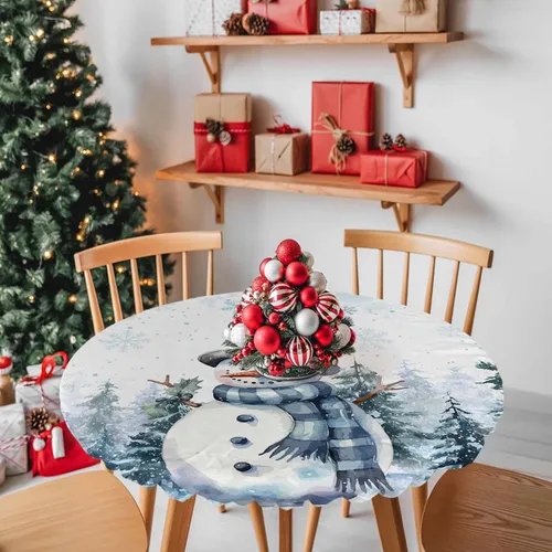 Vista 2 de Mantel redondo de Navidad de 36 a 44 pulgadas, mantel impermeable con borde elástico para fiestas de vacaciones en interiores y exteriores, árbol