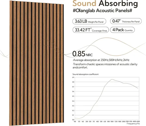 Vista 5 de Olanglab Paquete de 4 paneles de pared de madera acústica, paneles de pared de listones de madera con amortiguación de sonido, 23.6 x 47.2 pulgadas