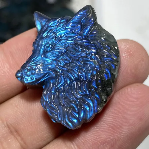 Vista 5 de TEAMWILL Cristal de labradorita natural de cuarzo tallado a mano cabeza de lobo Reiki cristal curativo magnífico escultura de piedra estatua estatua