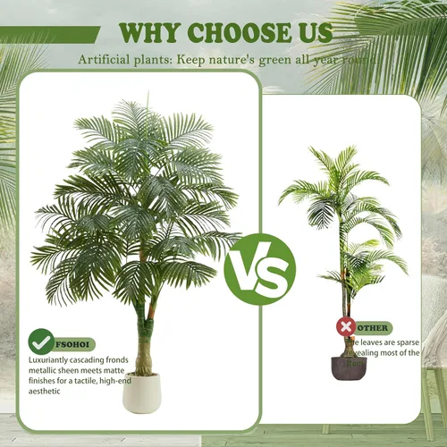 Vista 6 de Palmera artificial de caña dorada de 6 pies, plantas artificiales Planta de palma de seda sintética en maceta blanca, árboles artificiales altos