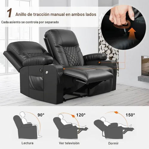 Vista 3 de Furnimat Juego de sofá reclinable con 2+1 piezas para sala de estar, sofá reclinable de 2 plazas en cuero, 1 silla reclinable con asiento de sofá
