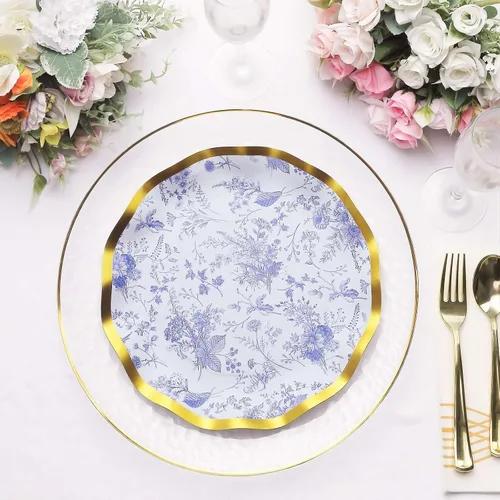 Vista 9 de Efavormart - Paquete de 25 platos de postre de papel chino chino azul y blanco con borde ondulado dorado de 11.32 oz/m² para recepciones y fiestas