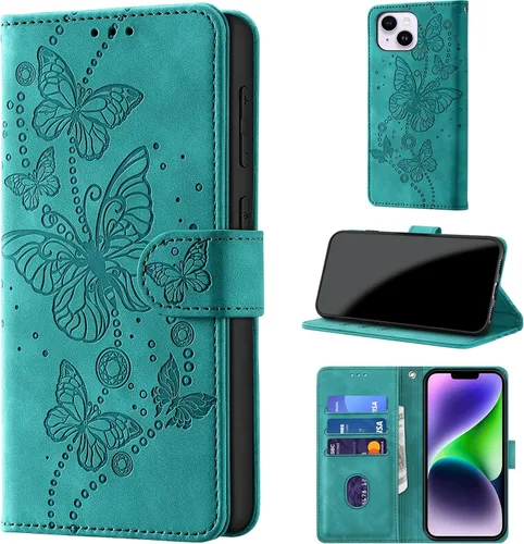 Vista 15 de Funda tipo cartera para iPhone 14 Plus, color borgoña Bloqueo RFID, soporte para 3 tarjetas, carcasa de TPU a prueba de golpes, cierre magnético