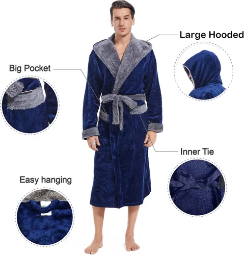 Vista 4 de Bata con capucha para hombre, bata de baño larga de felpa, acogedora y cálida, bata de spa con bolsillos