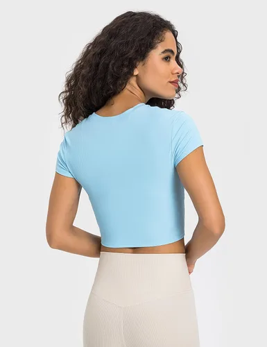 Vista 8 de ZHENWEI Camisetas de entrenamiento de manga corta para mujer, camisetas deportivas acanaladas con cuello redondo, camisetas atléticas para gimnasio