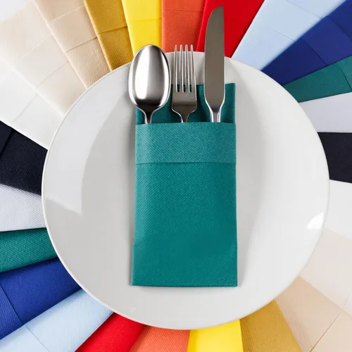 Vista 9 de Servilletas de bolsillo American Homesttead, paquete de 50 unidades, 15.75 x 15.75 pulgadas, papel de lino con tacto airlaid, plegadas con bolsillo