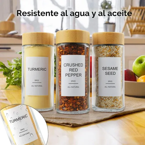 Vista 6 de AISIPRIN - 24 frascos de vidrio para especias con 398 etiquetas, frascos redondos de 118 ml para condimentos con tapas herméticas de bambú, juego