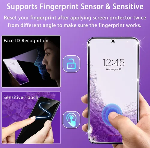 Vista 6 de Paquete de 3 protectores de pantalla para Galaxy S22, paquete de 3 protectores de lente de cámara con bandeja de fácil instalación, compatible
