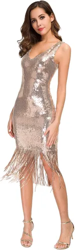 Vista 2 de VVMCURVE Vestido sexy con cuello en V para mujer, con lentejuelas, con purpurina, elástico, vestido de fiesta de los años 20, gran Gatsby