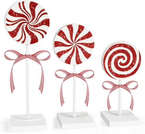 Vista 8 de Juego de 3 piezas de decoración de mesa de Navidad, dulces de madera, decoración de bandeja escalonada de Navidad roja, decoración rústica de mesa