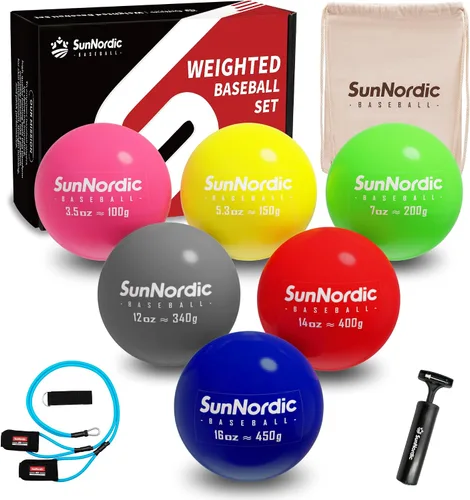 Vista 10 de SunNordic 6 Pack Smooth Weighted Baseball Set with Resistance Band 3.5-53oz, Variable Weight Plyometric Baseballs with Pump & Carry Bag, Improved