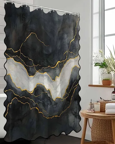Vista 3 de Scalloped Shower Curtain for Bathroom 36"x72" Modern Minimalism Black Marble White Texture Waterproof Wave Bathroom Shower Curtain Sets with Hooks