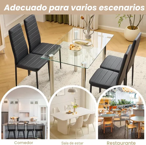 Vista 7 de Karl home Juego de 4 sillas de comedor, sillas de cocina de cuero sintético PU negro con respaldo alto acolchado y protección de tapas para pies