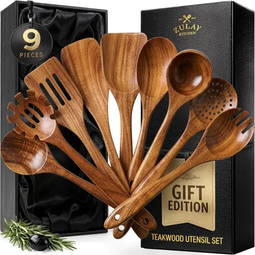 Vista 18 de Zulay Kitchen Juego de 5 cucharas de madera extragrandes - Utensilios de cocina de teca lisa - Cucharón, espátula, espumadera, tenedor, cuchara