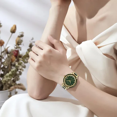 Vista 2 de Aivasee Reloj automático de diamantes de lujo para mujer con correa de acero inoxidable chapada en oro y jade negro para mujer, reloj de pulsera