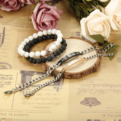 Vista 6 de FIBO STEEL Juego de 4 pulseras para parejas para hombres y mujeres, para él y ella, con corona, reina, pulseras de cuentas de 0.315 in, Acero