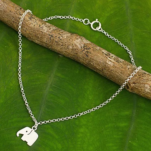 Vista 3 de NOVICA . Tobillera de plata de ley 925, 9.75 pulgadas 'Elephant Bliss